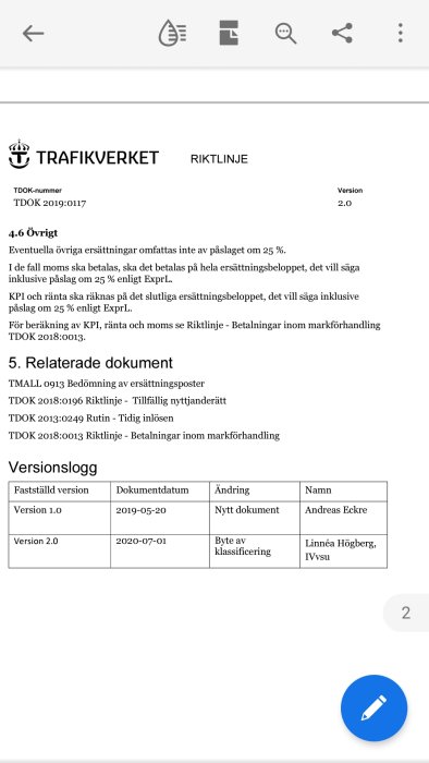 Skärmdump av en del av Trafikverkets riktlinje som beskriver att 25% påslag inte ingår vid vissa ersättningar.