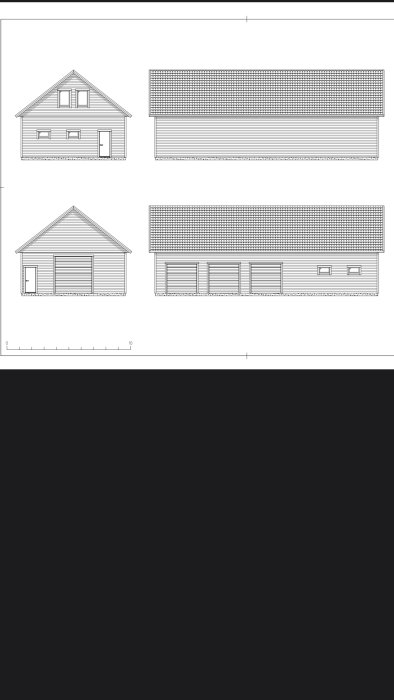 Arkitektritningar av ett stort garage med loft och ryggåstak i olika vyer, inklusive fram-, sida- och översikt.