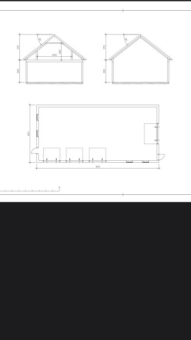 Arkitektoniska ritningar av ett garage med måttangivelser och planerad indelning, inklusive loft och saxlyft.