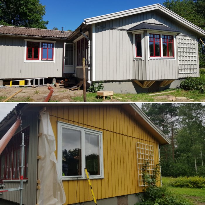 Renoverat hus efter ställning rivits, med ny utsikt och fönster.