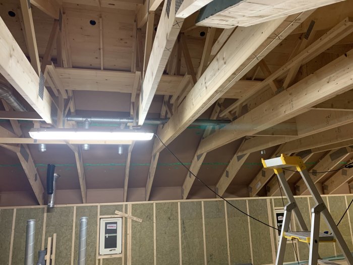 Underkonstruktion av tak med synliga balkar och isoleringsspår i ett pågående byggprojekt, stege i förgrunden.