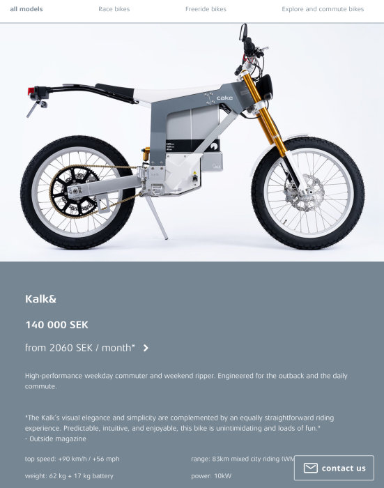 Modern elektrisk motorcykel med minimalistisk design står på en vit bakgrund.