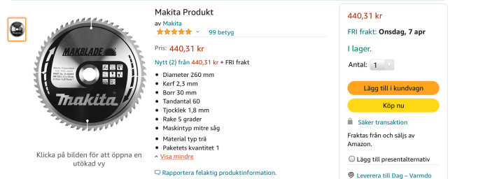 Sågklinga för kap/ger-sågar med 5 grader rake, märkt Makita, för trä, visas i en produktbild för onlineförsäljning.