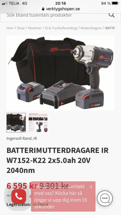 Ingersoll Rand mutterdragare med två batterier och laddare, modell W7152-K22, 2040Nm lossdragningskraft.