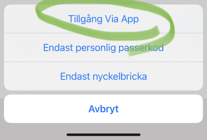 Skärmbild av appinställning för lås med markerat alternativ "Tillgång Via App" och andra tillgångsalternativ.