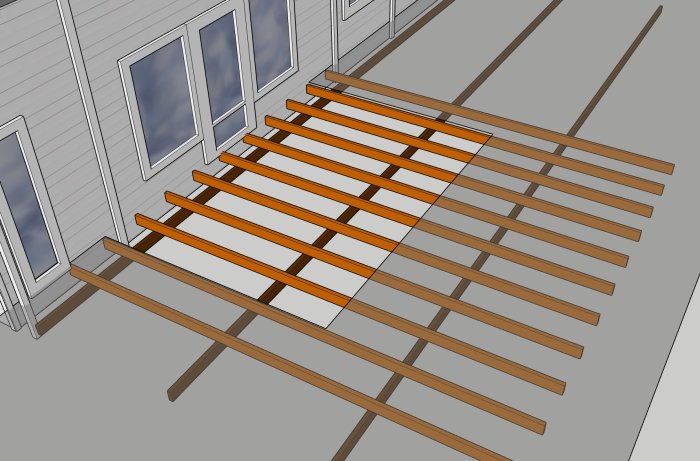 3D-modell av ett trädäck med mörkbruna bärlinor, ljusbruna reglar och markerat såghål.