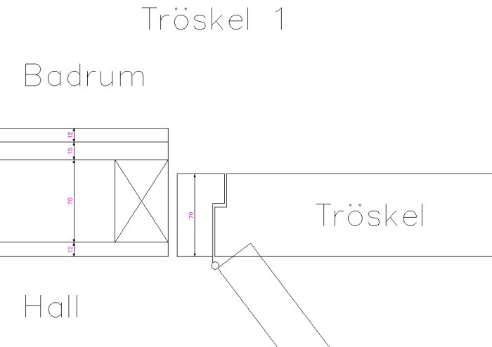 Skiss som visar dörrkarm och tröskel mellan badrum och hall med måttangivelser.