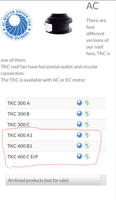 Översikt av takfläktmodeller TKC 300 och TKC 400 med ErP 2018-märkning, markerad fråga kring modell TKC 400 C ErP.