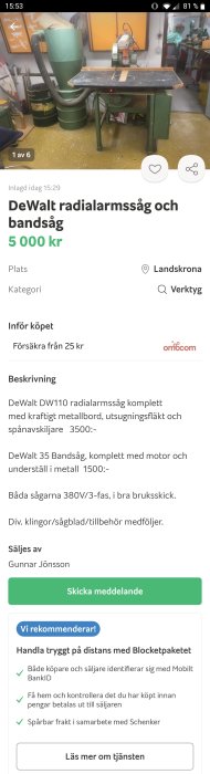 Spånsug med cyklon och en rullande radialarmsåg på arbetsbänk i verkstad.