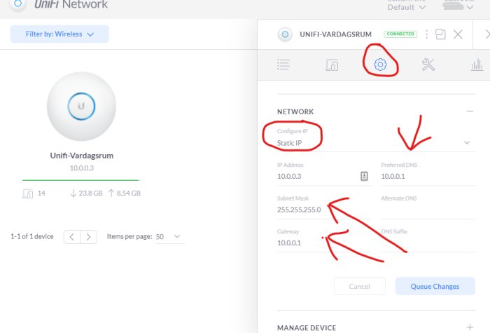 Skärmdump av ett nätverkskonfigurationsgränssnitt med inställningar för statisk IP, DNS och gateway.