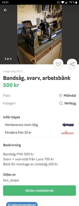 Svarv på arbetsbänk med verktygshållare och tillbehör i bakgrunden.