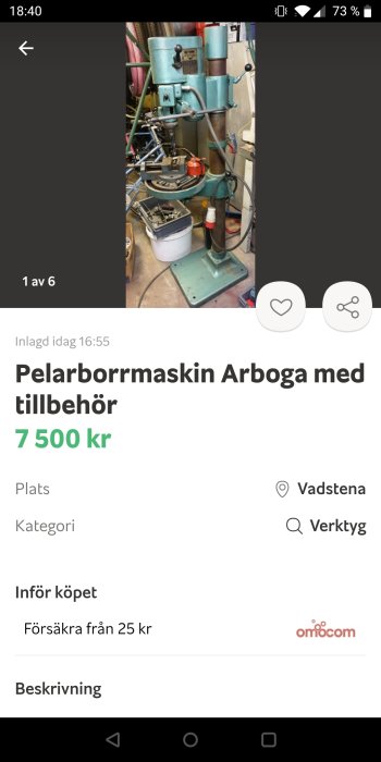 Pelarborrmaskin Arboga placerad i en verkstad utan extra tillbehör, prisangivelse 7 500 kr.