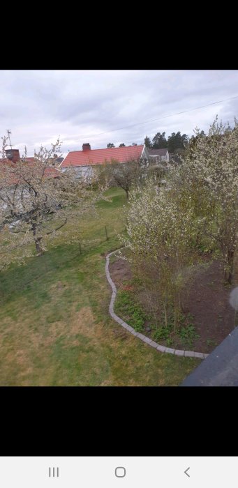 Trädgårdvy med blommande fruktträd, slingrande stenlagd gångväg och gräsmatta, hus i bakgrunden.