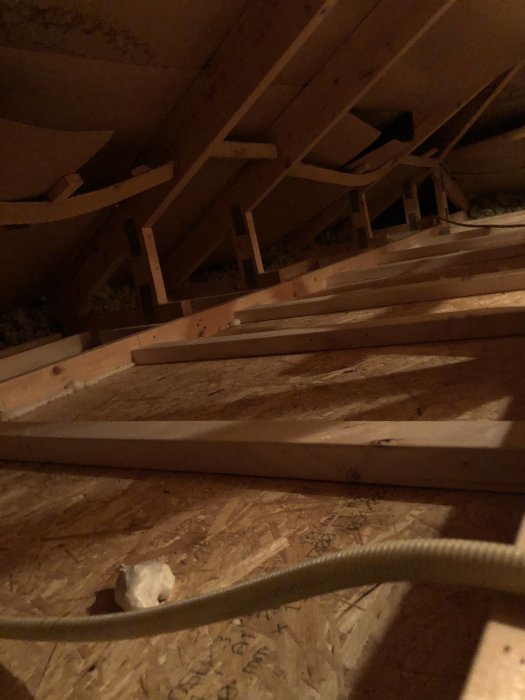 Utsikt över en vind med nyinstallerade OSB-skivor mellan träregnar, redo för isolering och gipsinstallation.