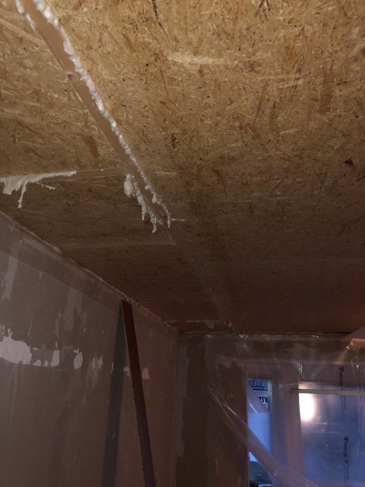 OSB-skiva i taket med synliga reglar och skumisolering, och plast som ångspärr på väggen.