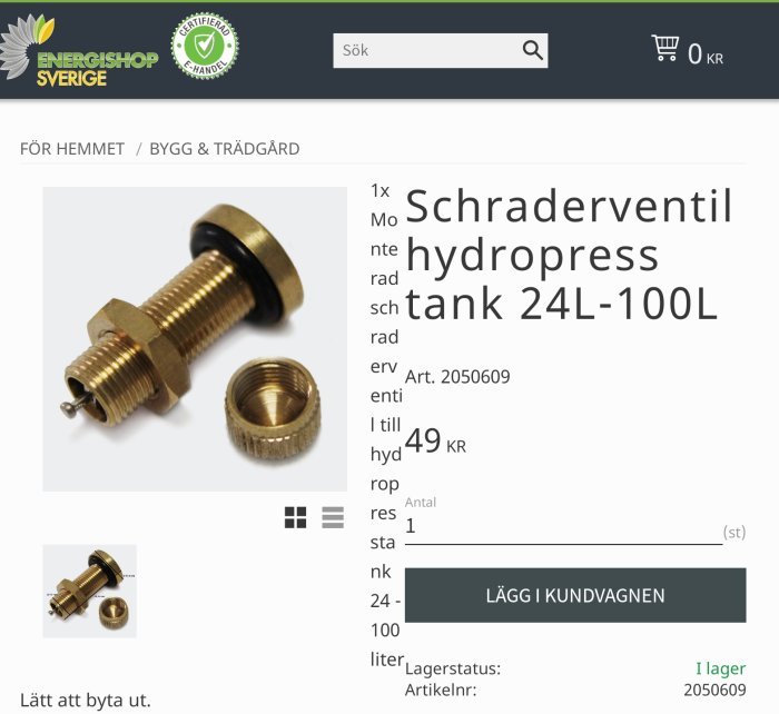 Schraderventil för hydroforstank, demonterad i två delar, på vit bakgrund.