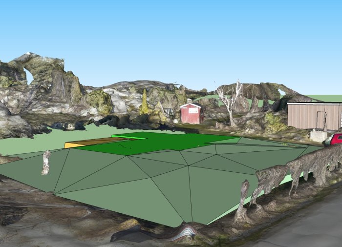 3D-modell som visar schaktvolymen under ett framtida hus, omgiven av ojämn terräng och befintliga byggnader.