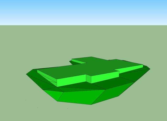 3D-modell av schaktvolym för husgrund med markerade områden för grävning och uppfyllnad.