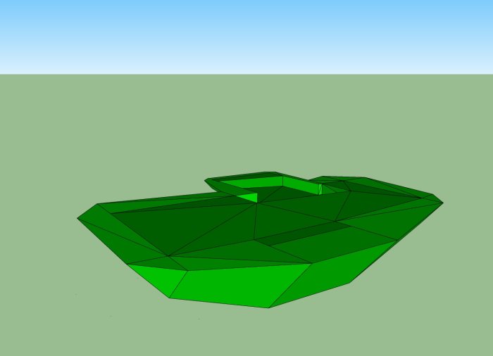 3D-modell som visar schaktvolym under hus med olika nivåer för grävning och uppfyllnad.