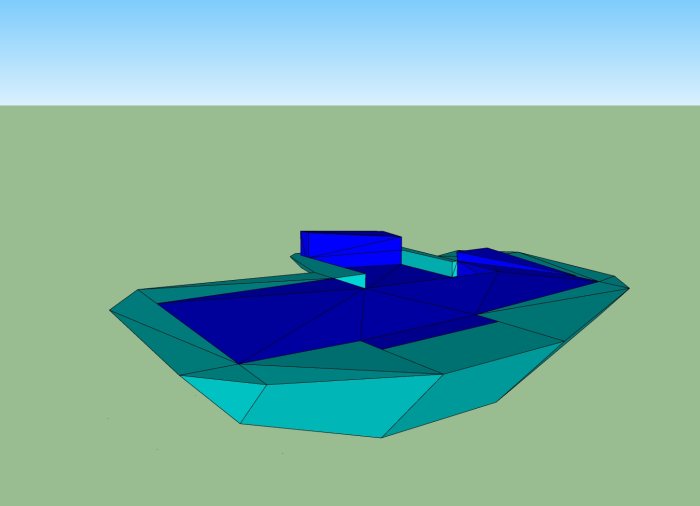 3D-modell som visar schaktvolym för husgrund med blåa och turkosa geometriska former.