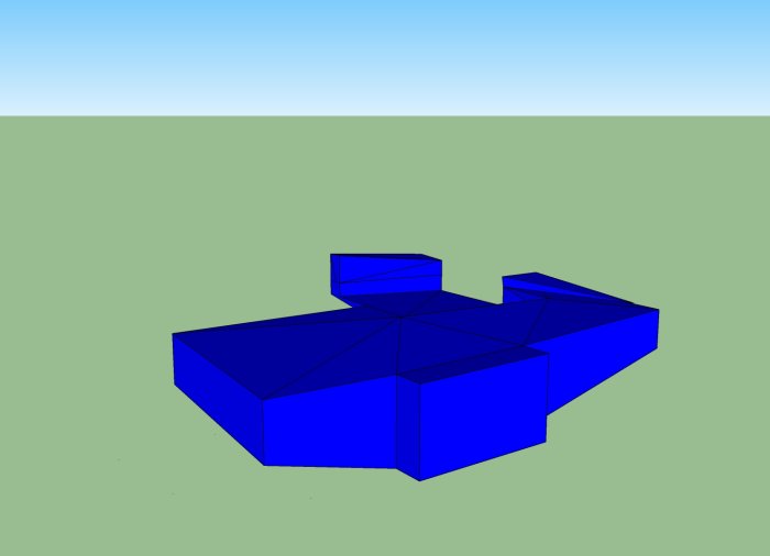 3D-modell som visar blå schaktvolymer för planerat byggprojekt mot grön bakgrund.