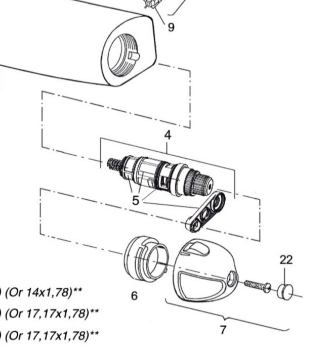 Exploded view diagram showing the components of a temperature control knob assembly with labeled parts.