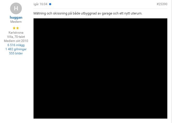 Helsvart bildfel vid försök att visa utbyggnad och garage skiss för ett byggprojekt.