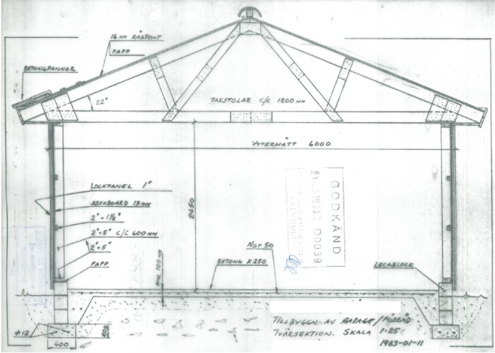 Originalritning av en takkonstruktion för ett garage med dimensioner och materialangivelser, markerat område föreställer "rummet".