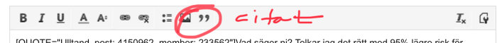 Skärmdump av en diskussionstrådsredigerare med markerad citatknapp och ordet "citat" skrivet i rött.
