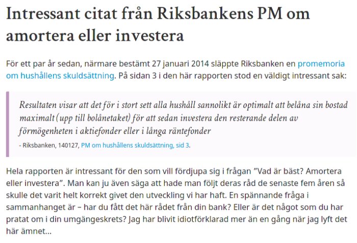 Skärmbild av ett foruminlägg med citat från Riksbankens rapport om amortering eller investering.