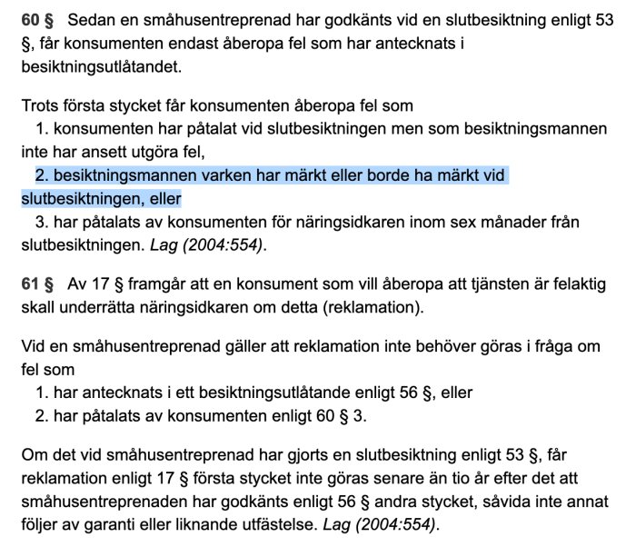 Utsnitt av den svenska konsumenttjänstlagen med fokus på paragrafer om småhusentreprenader och besiktningar.