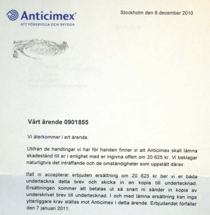 Anticimex-brev som bekräftar ersättning på 20 625 kr för reklamerad besiktning, daterat 8 december 2010.