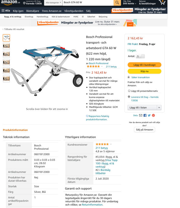 Skärmbild av Bosch Professional transport- och arbetsbord GTA 60 W produktannons på Amazon.