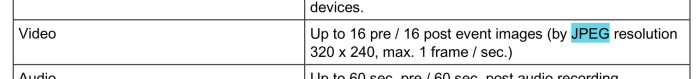 Tabellutdrag som visar videokrav för händelsebilder med 320x240 JPEG-upplösning, max 1 bild/sek.