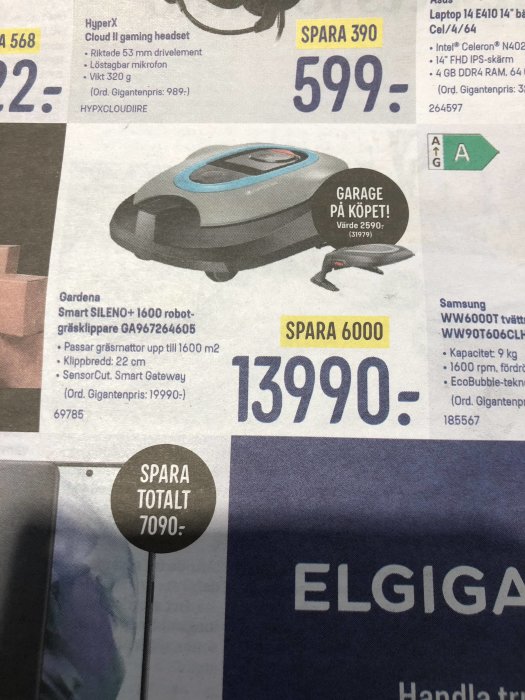 Reklambild för Gardena Smart Sileno+ 1600 robotgräsklippare med texten "GARAGE PÅ KÖPET!" och rea-pris samt besparingsinformation.