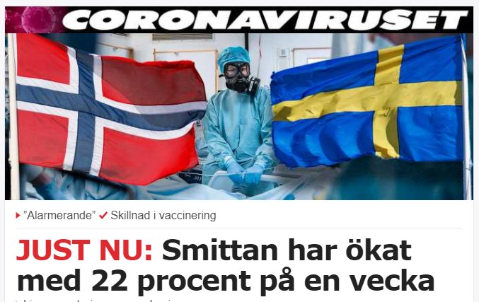 Nyhetsartikel om COVID-19 med en bild som visar en person i skyddsutrustning framför de norska och svenska flaggorna.