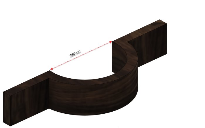 3D-modell av en gjutform i plyfa för rundad mur med måttetikett som visar 260 cm.