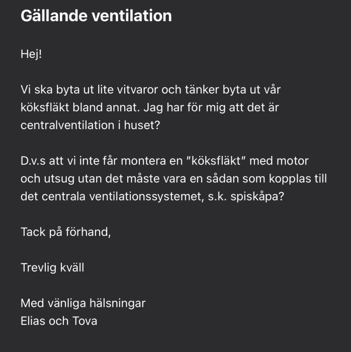 Skärmdump av mailkonversation gällande byte av spiskåpa anpassad för centralventilation.