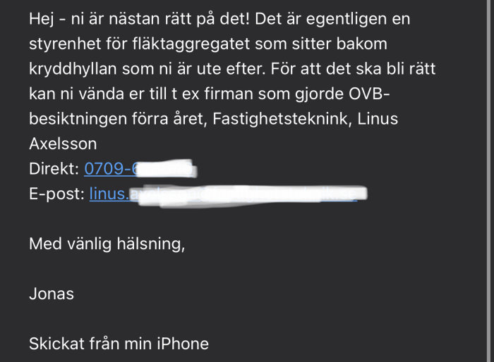 Skärmdump av mailkonversation där styrenheten för fläktaggregatet diskuteras i kontexten av en BRF-renovering.