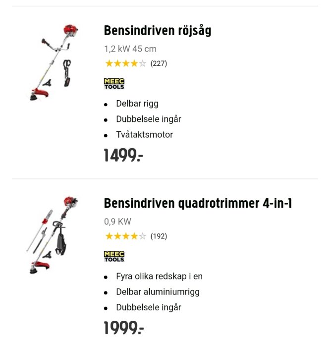 Två bensindrivna röjsågar från MEEC, en vanlig och en quadrotrimmer med fyra tillbehör och prisinformation.