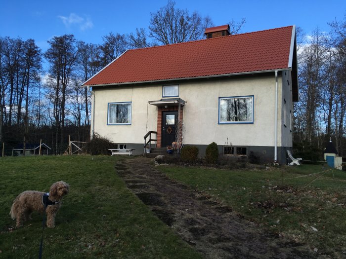 50-tals hus med beige fasad och rött tak, tegel runt dörren, hund framför huset.