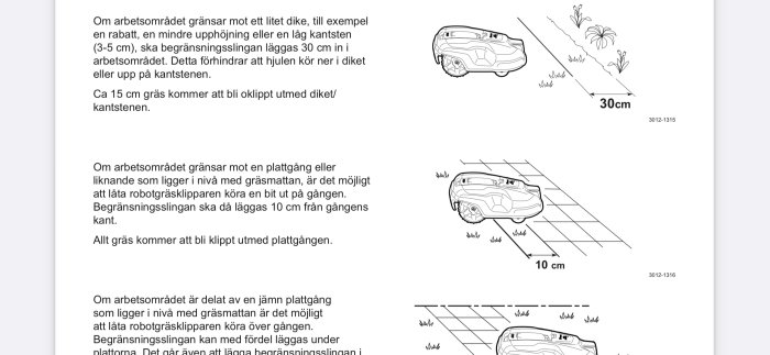 Illustration av robotgräsklippare och hur den navigerar nära kanter och gångvägar med måttangivelser.