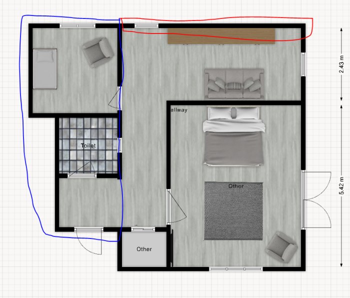 Oversiktsbild av ett våningsplan med en rödmarkerad vägg som ska byggas och en befintlig blåmarkerad del.