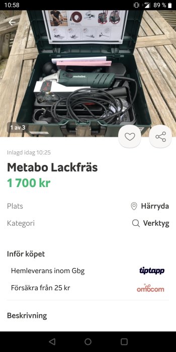 Metabo lackfräs i öppen låda med tillbehör, visad i en försäljningsannons för 1700 kr.