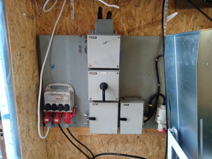Industriellt elskåp och tillfällig elcentral med säkringsgrupper och inmatningslåda monterade på en trävägg.