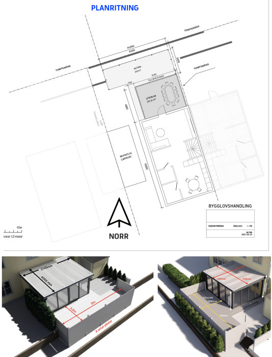 Ritning och 3D-skiss av ett uterum samt altan vid ett parhus med måttangivelser och position i förhållande till grannars egendom.