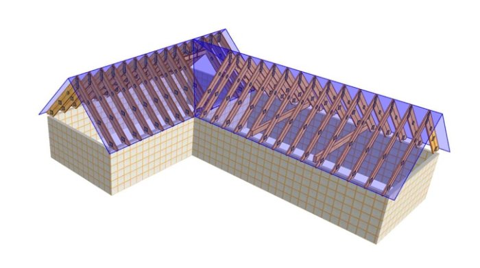 3D-modell av en tvådelad byggnad med komplexa takstolskonstruktioner och tydliga vinklar.