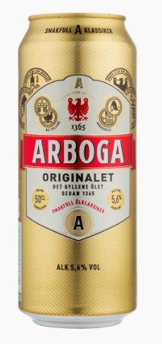 Arboga Original Ale ölburk med texten "Sedan 1365", guldfärgad med rött band och vapensköld.