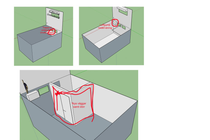 Skiss av hus med markerade områden för nya väggar och dörr för att separera övervåningen från källaren.