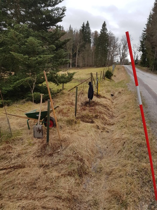 Påbörjat staketprojekt intill en landsväg, med inslag av trädgårdshandskar, skottkärra och stolpar som förbereds för rostskydd.